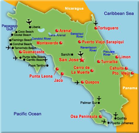 costa rica map with cities and beaches